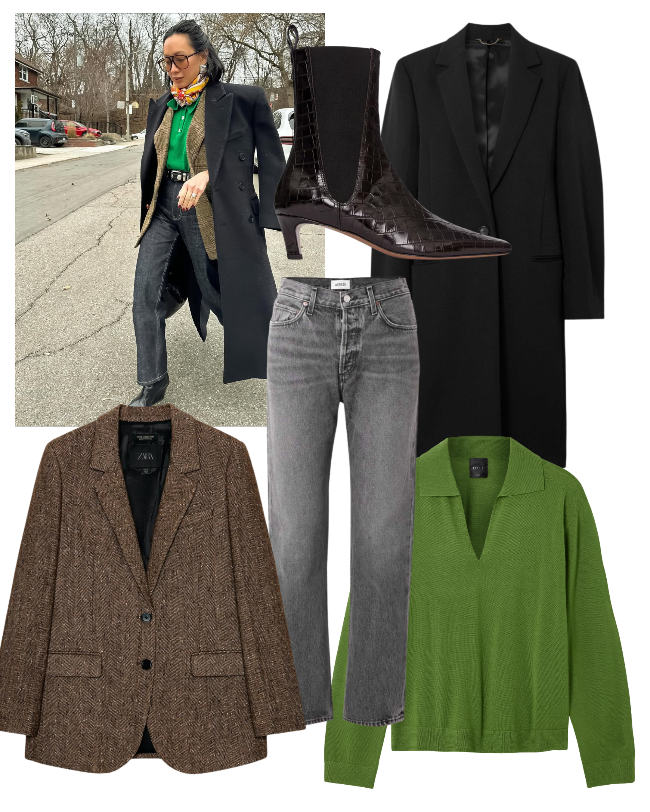 @lisaingmarinelli wears black coat, blazer, green jumper and grey jeans