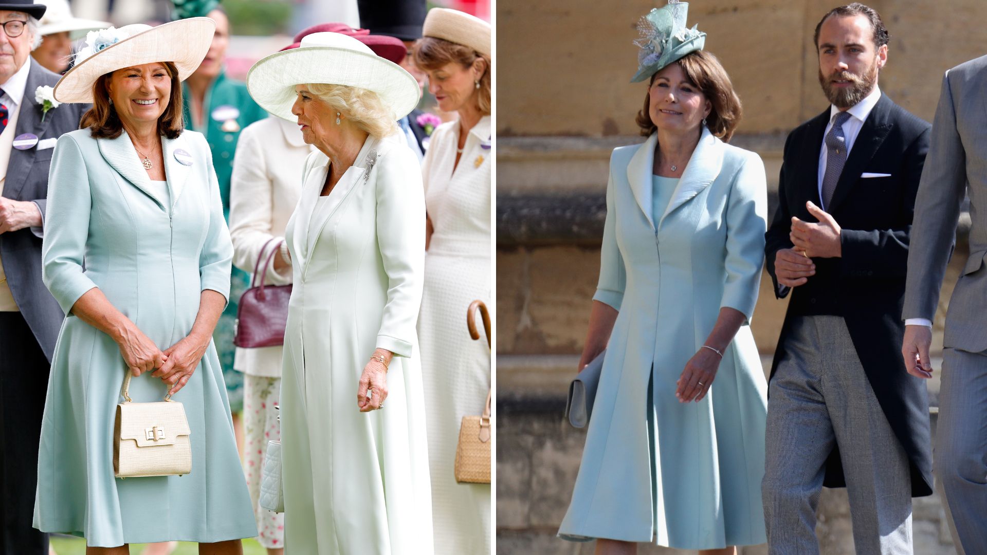 A composite of two pictures of Carole Middleton wearing the same dress, in 2026 and in 2018 respectively
