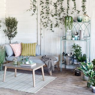 outdoor with plants on pots and seating bench with cushions