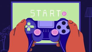 Illustration of a person holding a gaming controller in front of a large screen displaying the word: Start