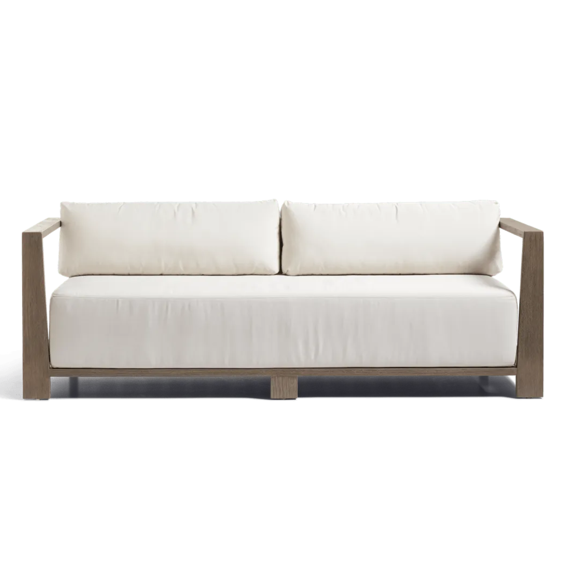 garden sofa with wood frame and white cushions