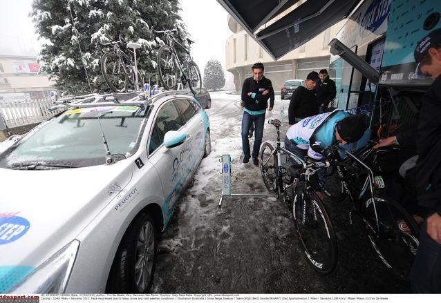 The Omega Pharma-QuickStep teamloads the bikes in the bus for the transfer to the snow-free coast