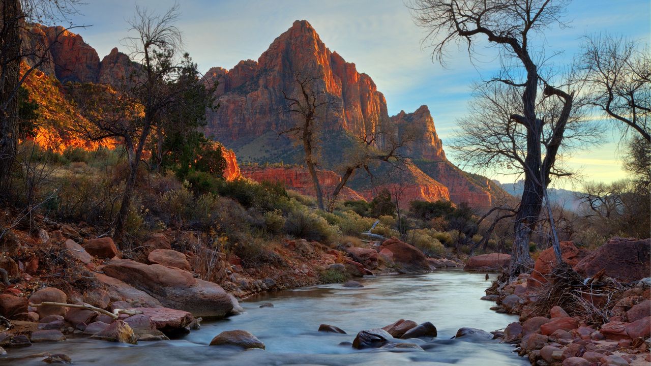 The Watchman mountain summit in Zion National Park at dusk