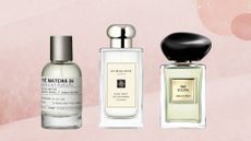 A selection of tea perfumes from Le Labo, Jo Malone London and Giorgio Armani/ in a pink watercolour paint-style template