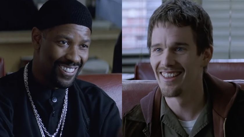 Alonzo Harris (Denzel Washington) and Jake Hoyt (Ethan Hawke) sit in a coffee shop in Training Day.