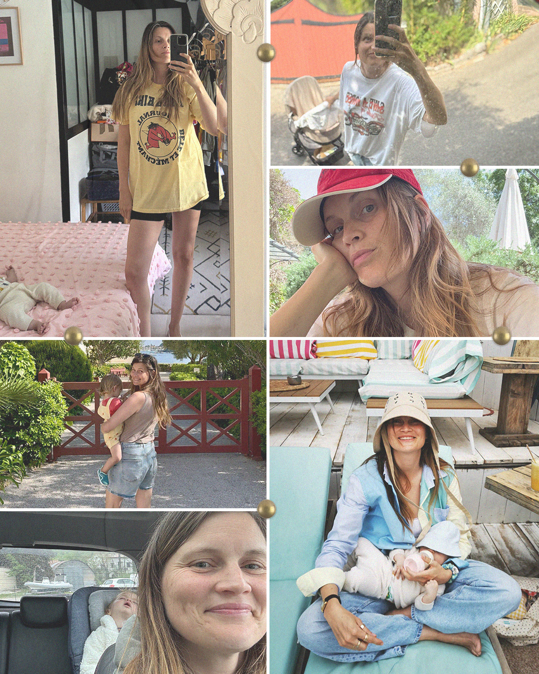 Collage of French editor and fashion creative Eugénie Trochu featuring her postpartum style and children.