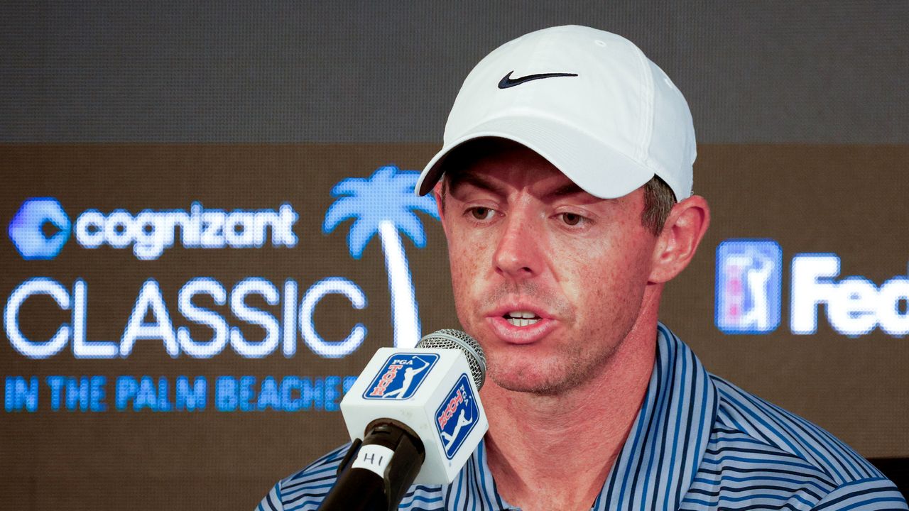 Rory McIlroy talks to the media before the 2024 Cognizant Classic