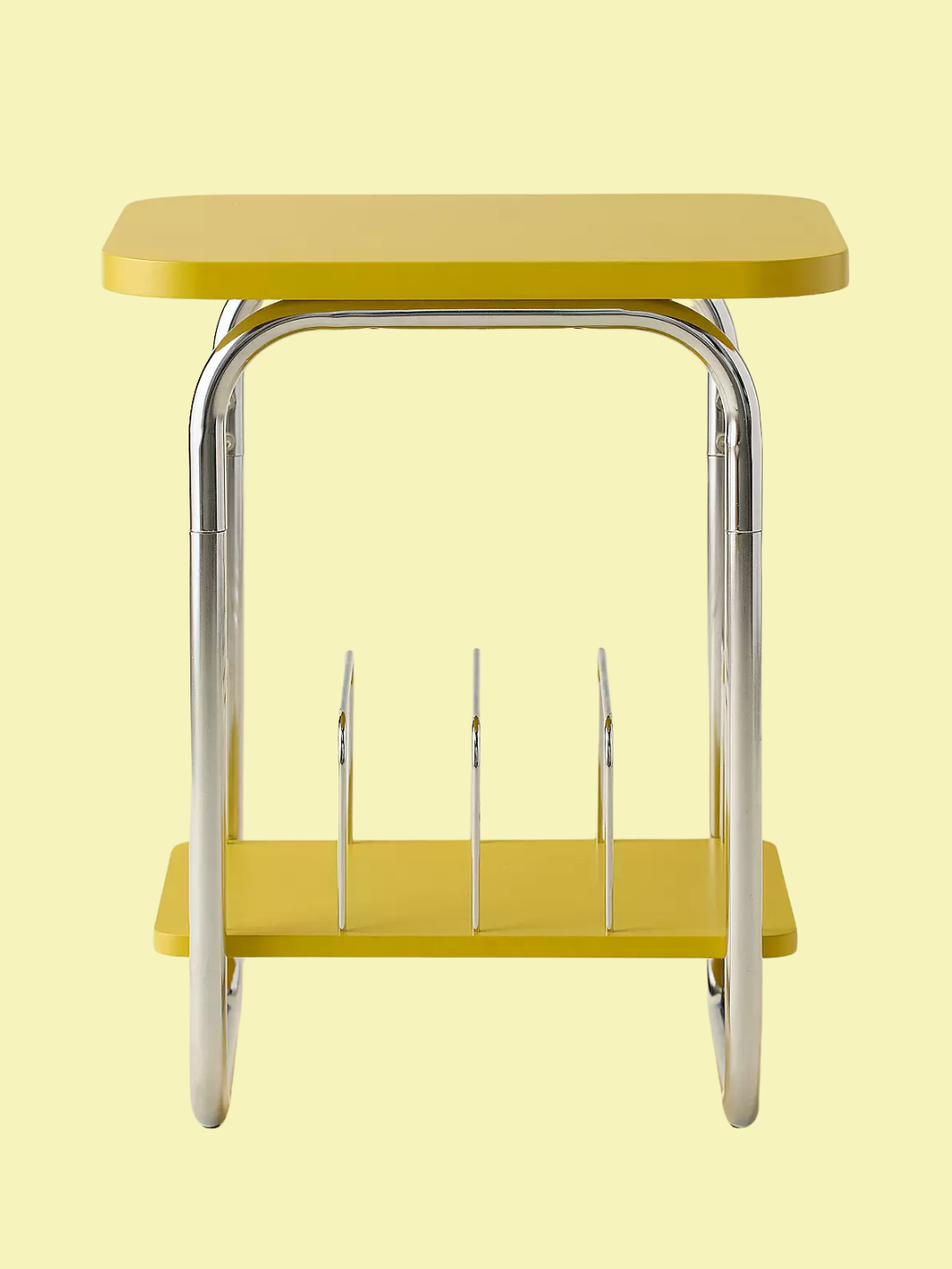 A yellow and steel vinyl storage side table