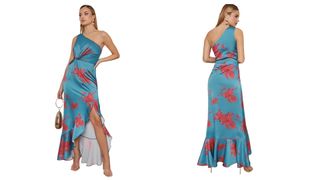 Chi Chi Clothing teal silk dress with red flower print