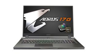The Gigabyte Aorus 17G on a white background. The gaming laptop is open and has the Aorus 17G logo, along with a badge advertising its Omron switches.