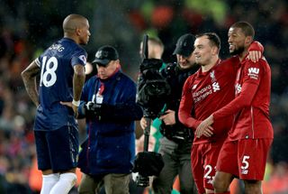 Xherdan Shaqiri (centre) scored twice off the bench as Liverpool secured a comfortable 3-1 win at home to United last season.