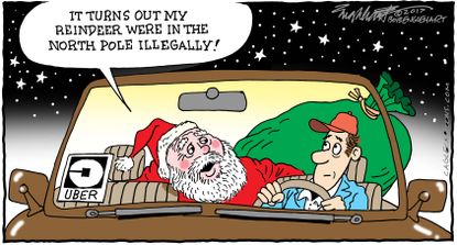 Editorial cartoon U.S. Christmas Uber Santa immigration