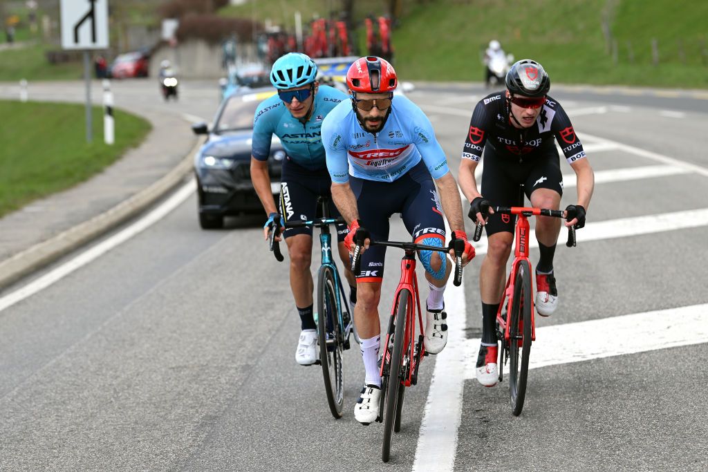 LA CHAUXDEFONDS SWITZERLAND APRIL 27 LR Gleb Brussenskiy of Kazakhstan and Astana Qazaqstan Team Julien Bernard of France and Team TrekSegafredo Blue mountain jersey and Tom Bohli of Switzerland and Tudor Pro Cycling Team compete in the breakaway during the 76th Tour De Romandie 2023 Stage 2 a 1627km stage from Morteau to La ChauxdeFonds UCIWT on April 27 2023 in La ChauxdeFonds Switzerland Photo by Dario BelingheriGetty Images