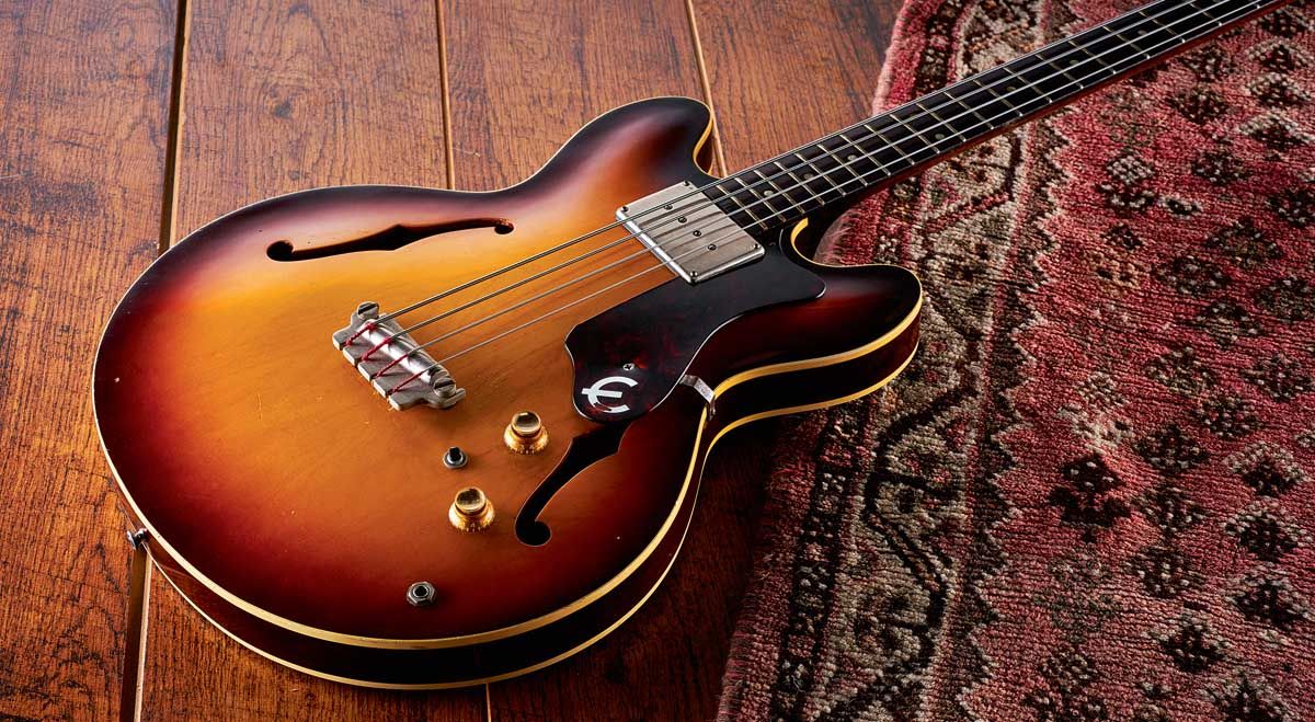1964 Epiphone Rivoli: essentially a rebranded version of the Gibson EB-2, Epiphone&rsquo;s Rivoli was introduced in 1959. It was constructed using the same methods and materials at Gibson&rsquo;s Kalamazoo factory
