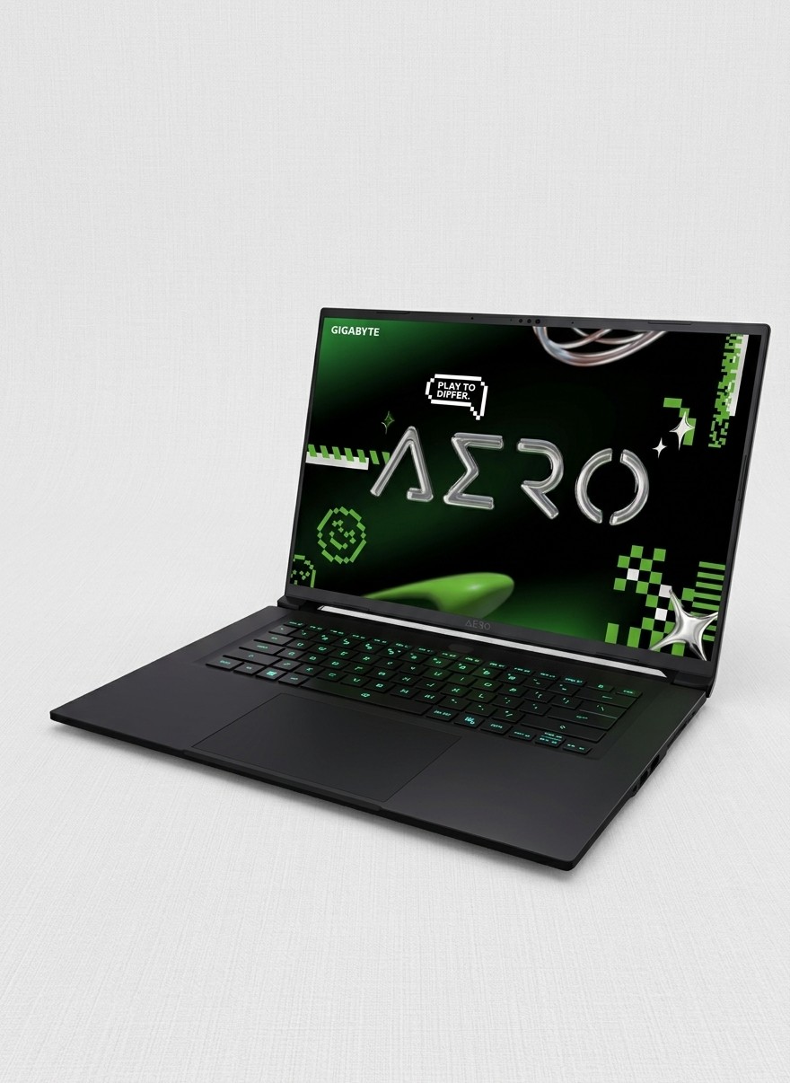 A Gigabyte Aero X 16 RTX 5060 gaming laptop on a grey background