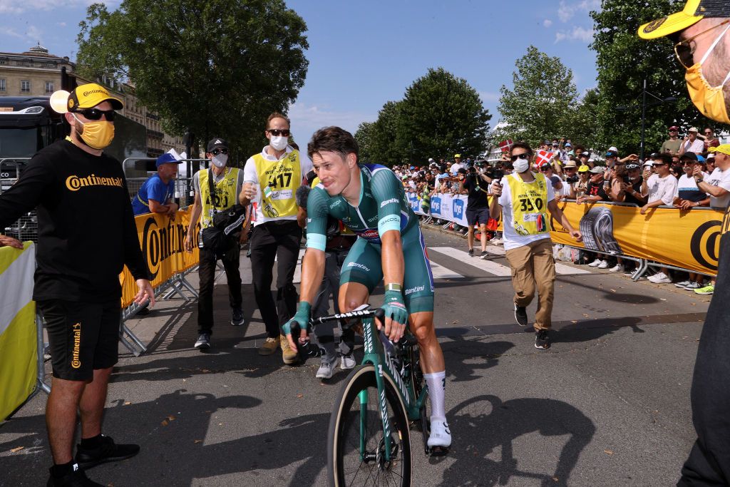 BORDEAUX FRANCE JULY 07 Stage winner Jasper Philipsen of Belgium and Team AlpecinDeceuninck Green points jersey reacts after the stage seven of the 110th Tour de France 2023 a 1699km stage from Mont de Marsan to Bordeaux UCIWT on July 07 2023 in Bordeaux France Photo by Michael SteeleGetty Images
