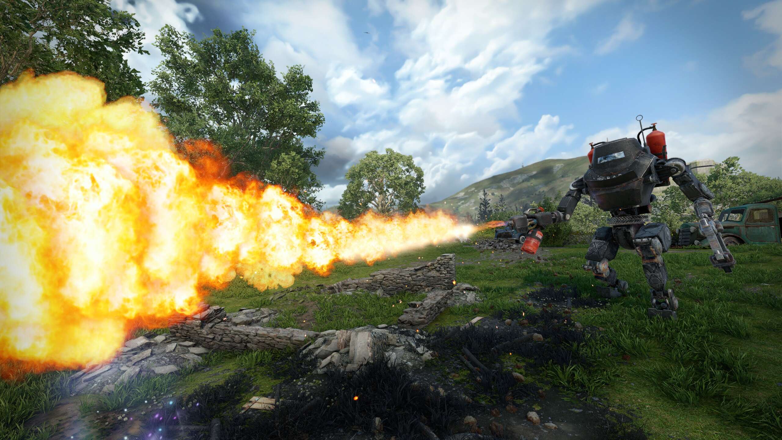 Robot spewing flames over a field in Atomfall.