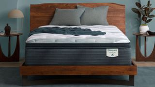 The Beautyrest Harmony Lux mattress shown on a wooden bedframe placed against a blue wall