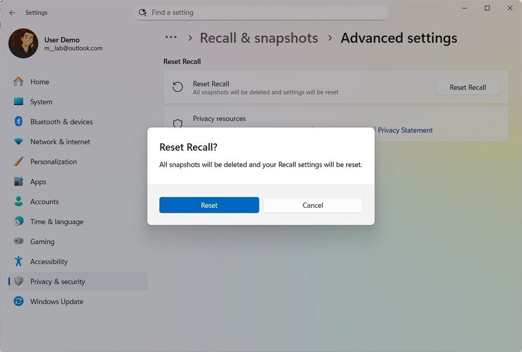 Windows Recall reset feature