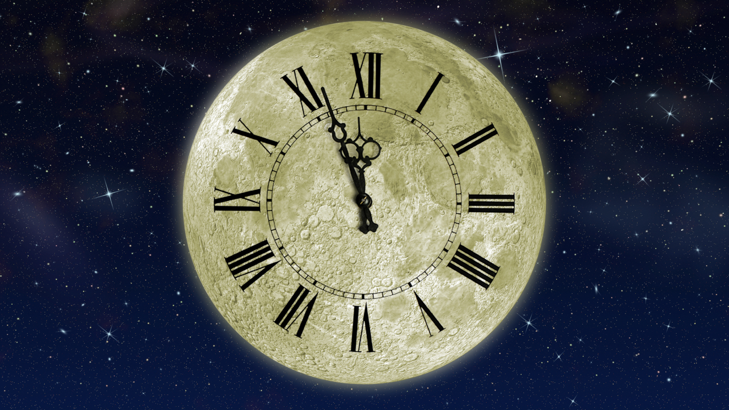 Ilustrasi bulan dengan tampilan jam di atasnya