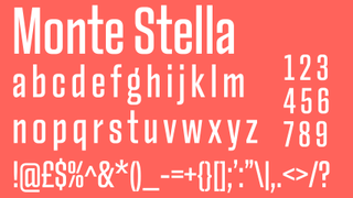 White text displaying the sans serif font Monte Stella on a red background.