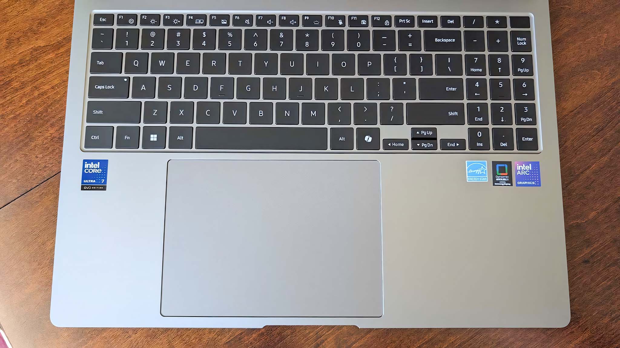 Top-down view of the Samsung Galaxy Book5 Pro keyboard and touchpad.