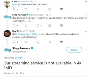 Sling TV Twitter Support No 4K Available