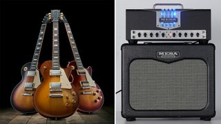 A trio of Gibson Les Pauls (left) and a Mesa/Boogie amplifier