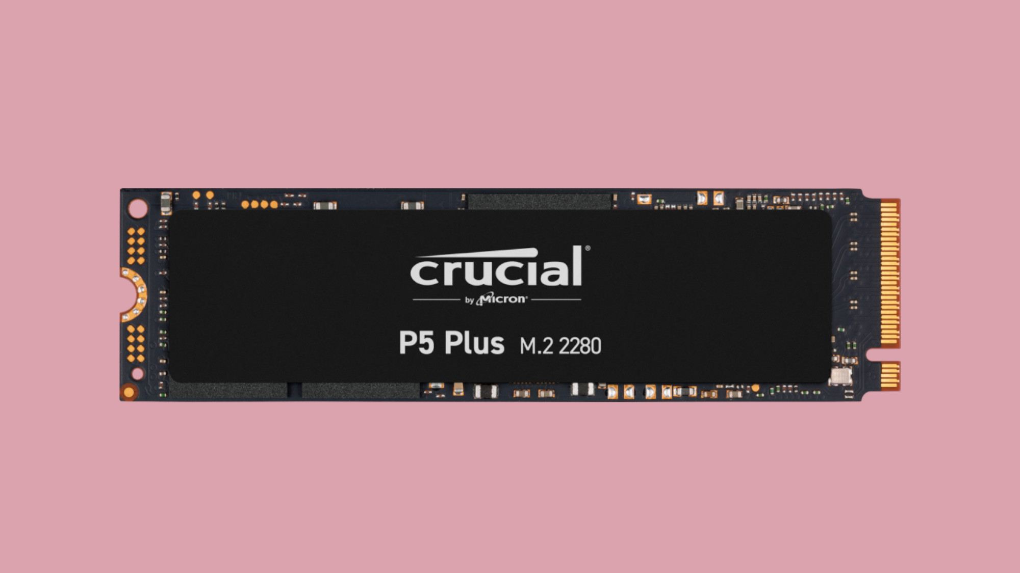 Crucial P5 Plus SSD on light pink background