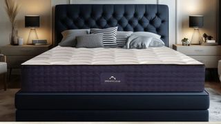 The image shows the DreamCloud Hybrid Mattress on a blue bed frame in a neutral bedroom