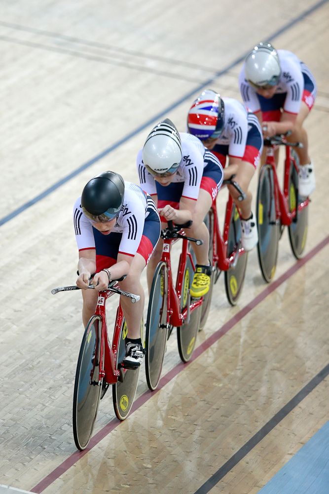 Megan Barker, Abigail Dentus, Manon Lloyd and Emily Nelson of Great Britain compete in the Womens Team Pursuit