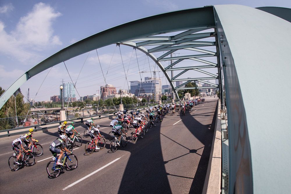 The peloton enters downtown Denver