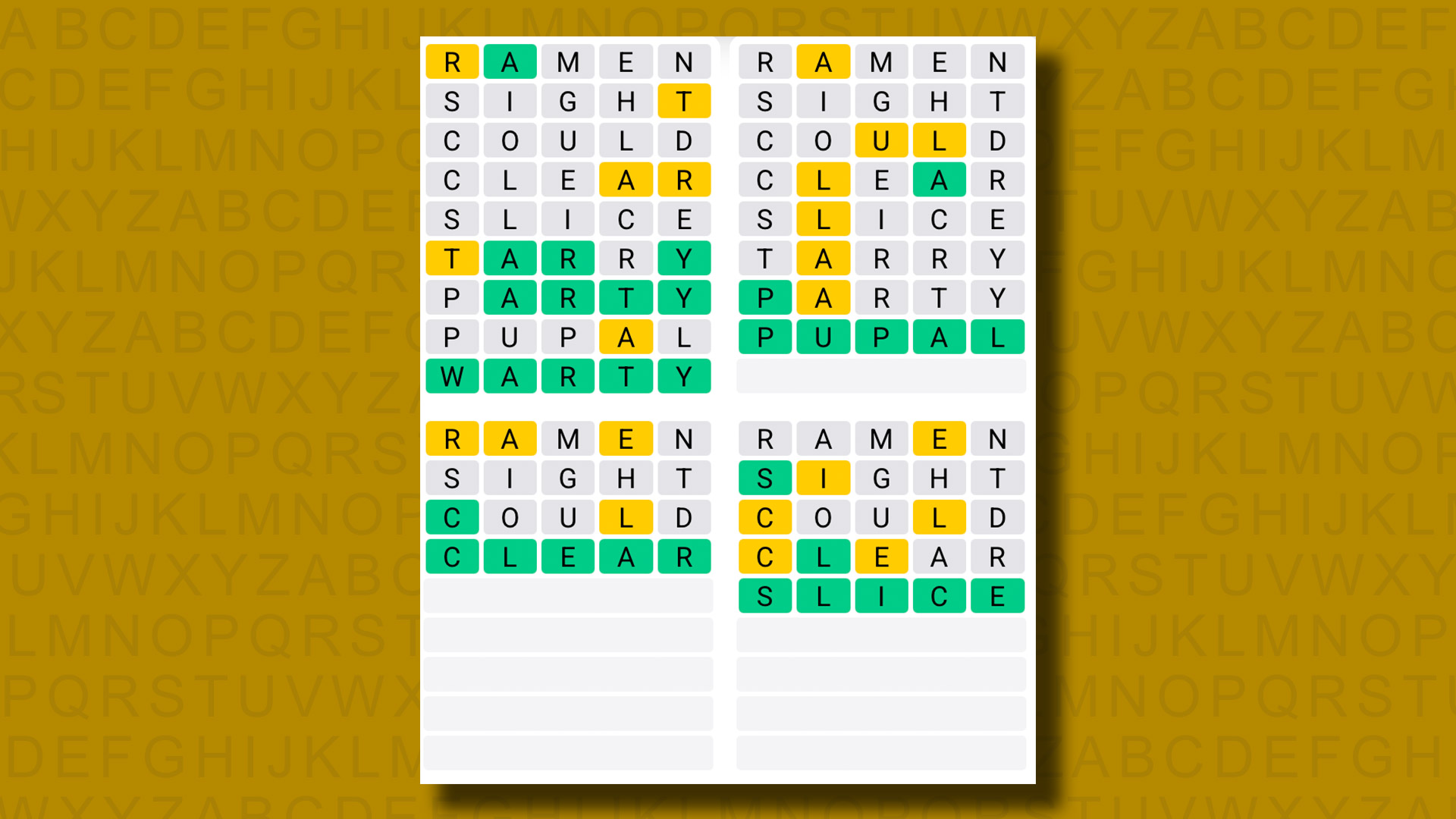 Quordle answers for game 1286 on a yellow background