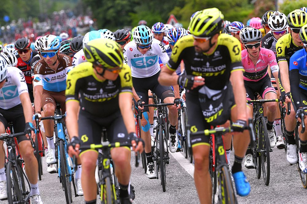 Chris Froome (Team Sky) sits in the group on stage 14