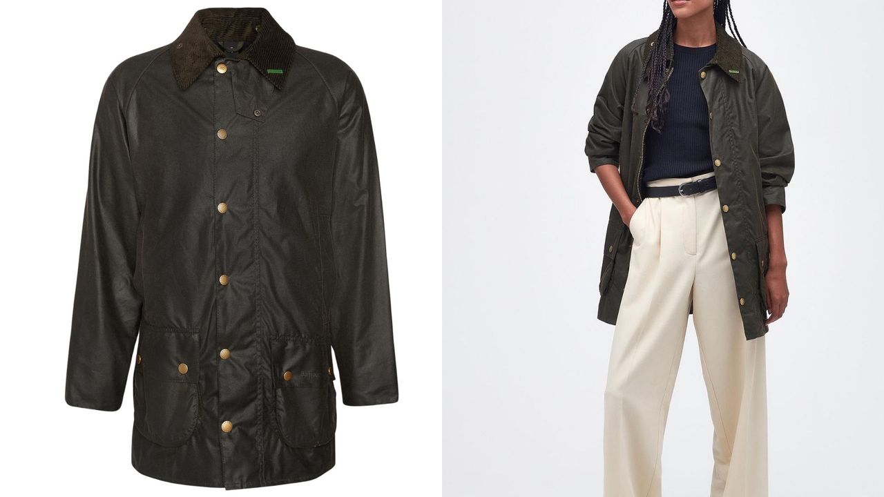 composite of model wearing barbour wax jacket