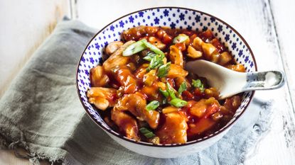 Slimming World's sweet and sour chicken in a bowl, close up