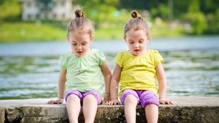 two identical twin girls sitting on a log with their feet in the water