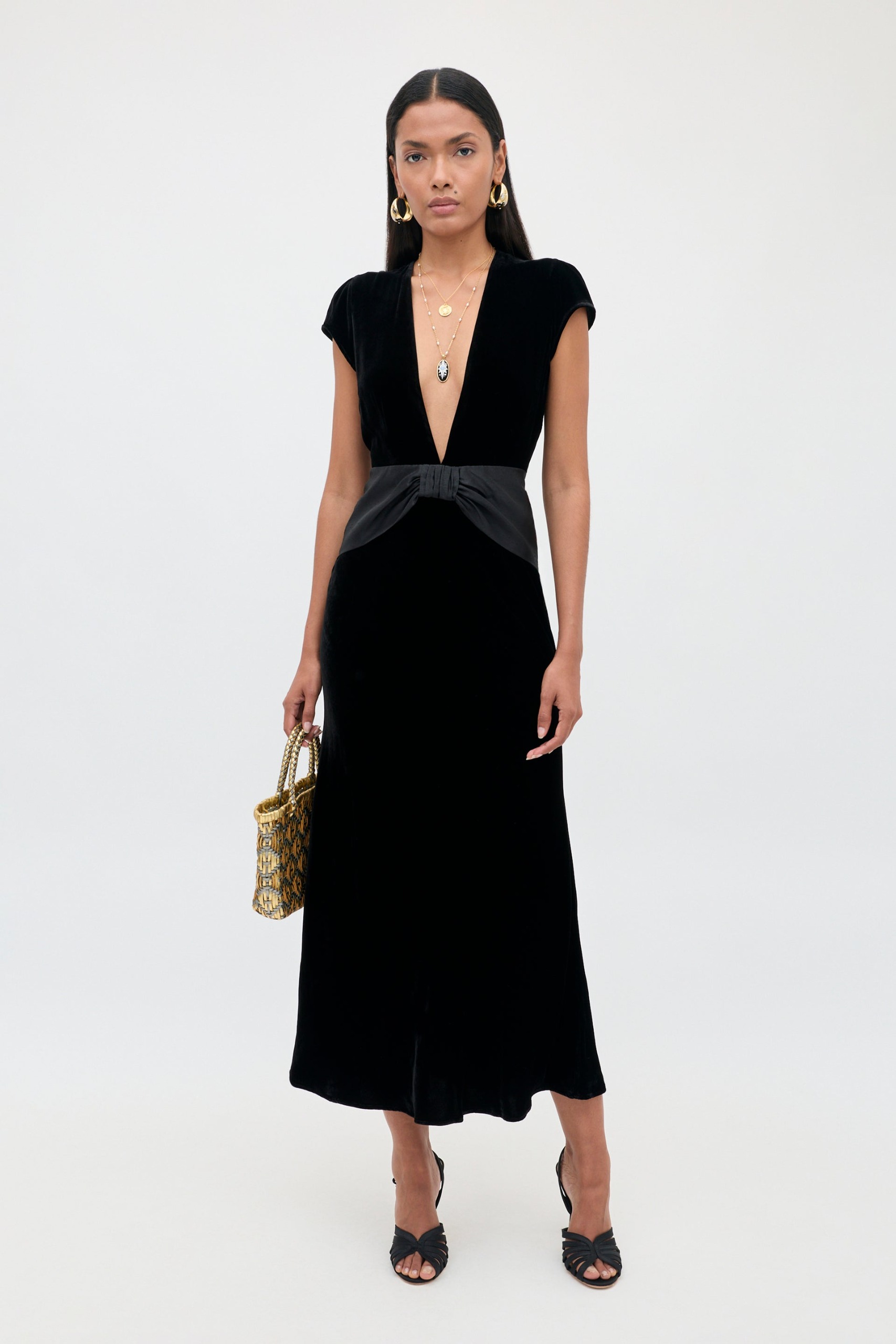 Arlette Silk Velvet Midi Dress in Black