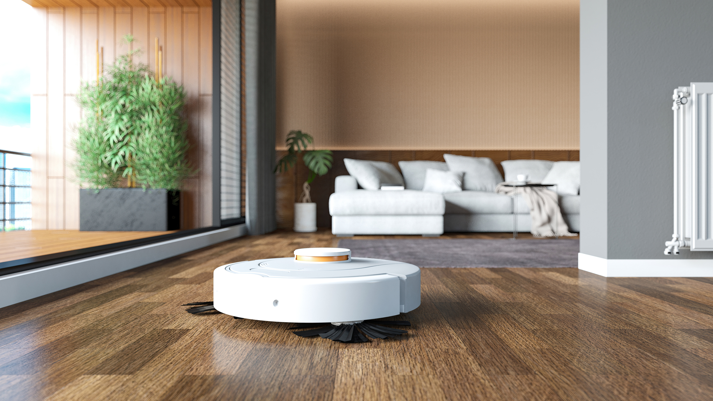 white robotic vacuum cleaning a living space