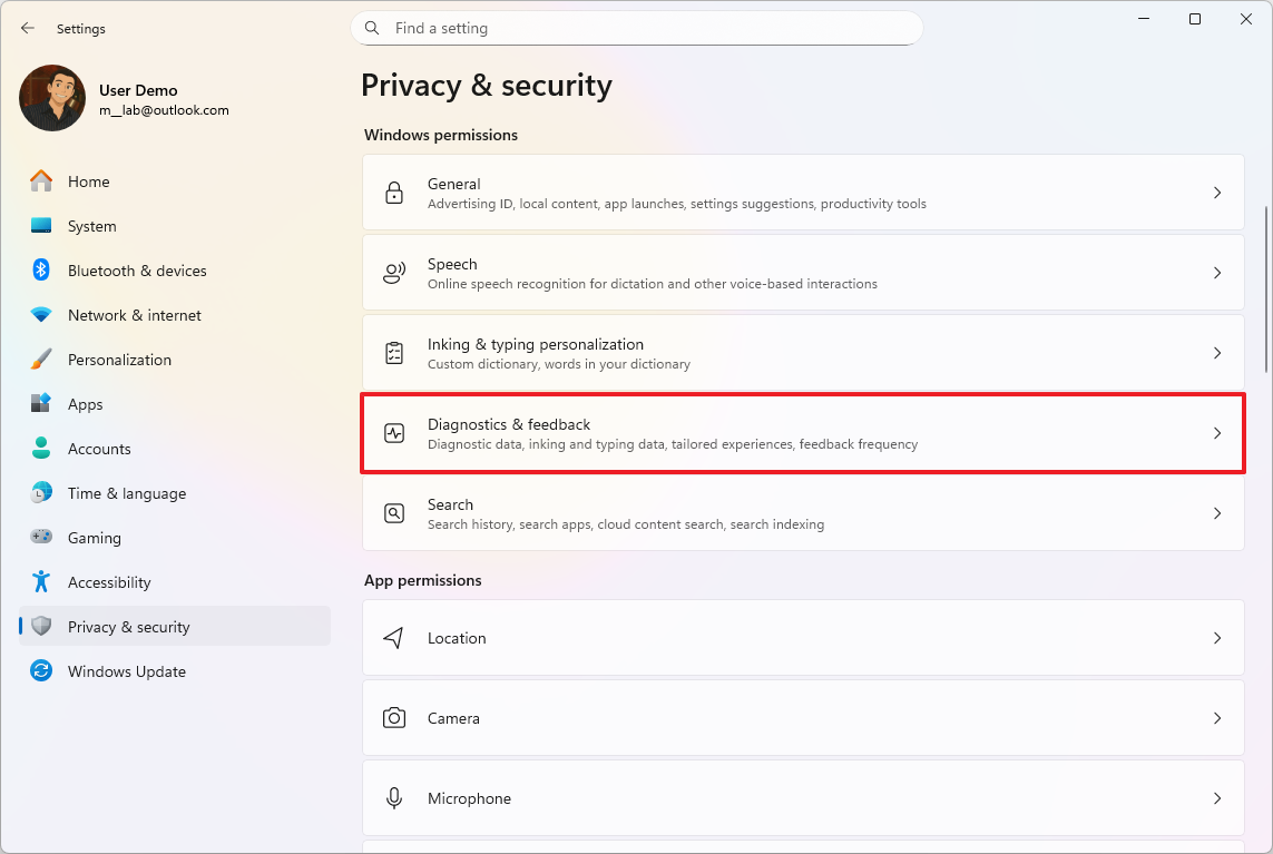 Open Diagnostics &amp;amp; feedback