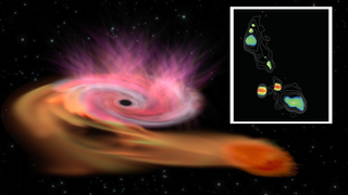 artist's illustration of a black hole devouring a star, generating a pinkish swirl of gas and dust in deep space