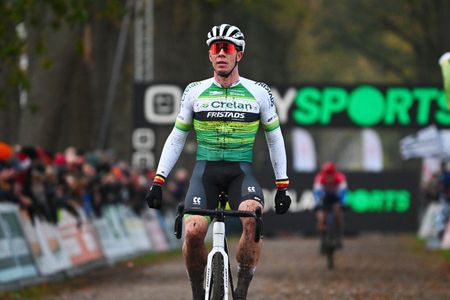 RIJKEVORSEL BELGIUM NOVEMBER 19 Laurens Sweeck of Belgium and Team CrelanFristads celebrates at finish line as race winner during the 36th Superprestige Merksplas 2022 Mens Elite Superprestige2023 CXWorldCup CycloCross on November 19 2022 in Rijkevorsel Belgium Photo by Luc ClaessenGetty Images