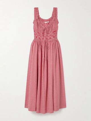 Emmaretta Tie-Detailed Shirred Gingham Organic Cotton-Voile Midi Dress