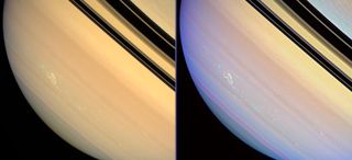 These images of a storm in Saturn's atmosphere were obtained with the Cassini spacecraft’s wide-angle camera on March 4, 2008, at a distance of approximately 800,000 miles (1.3 million kilometers) from Saturn. Image scale is 46 miles (74 km) per pixel.