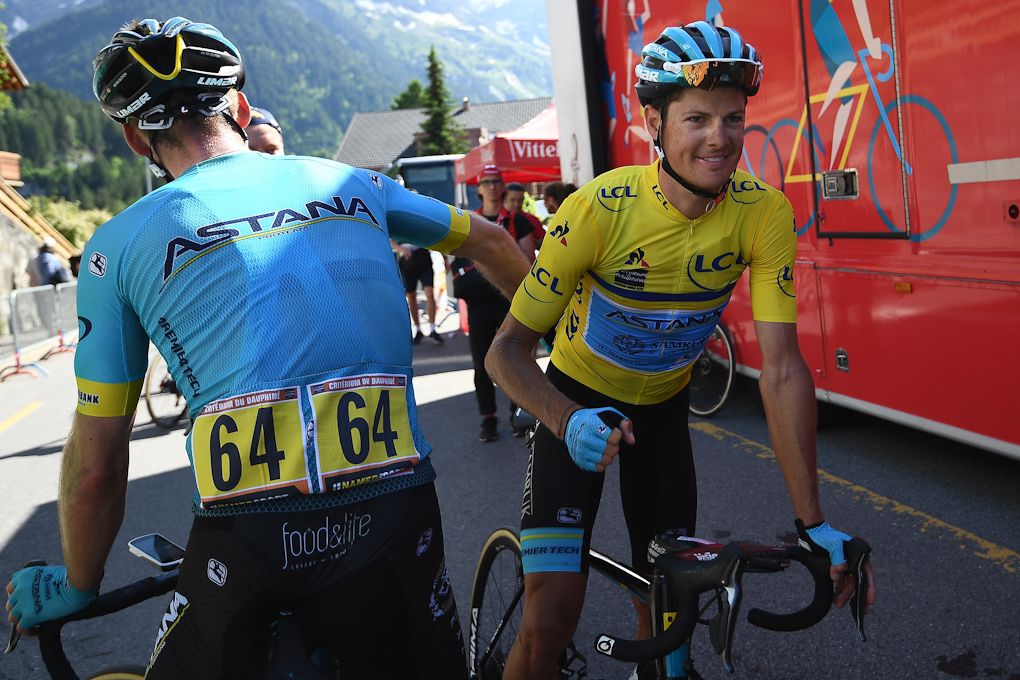 Jakob Fuglsang celebrates his Dauphine overall win