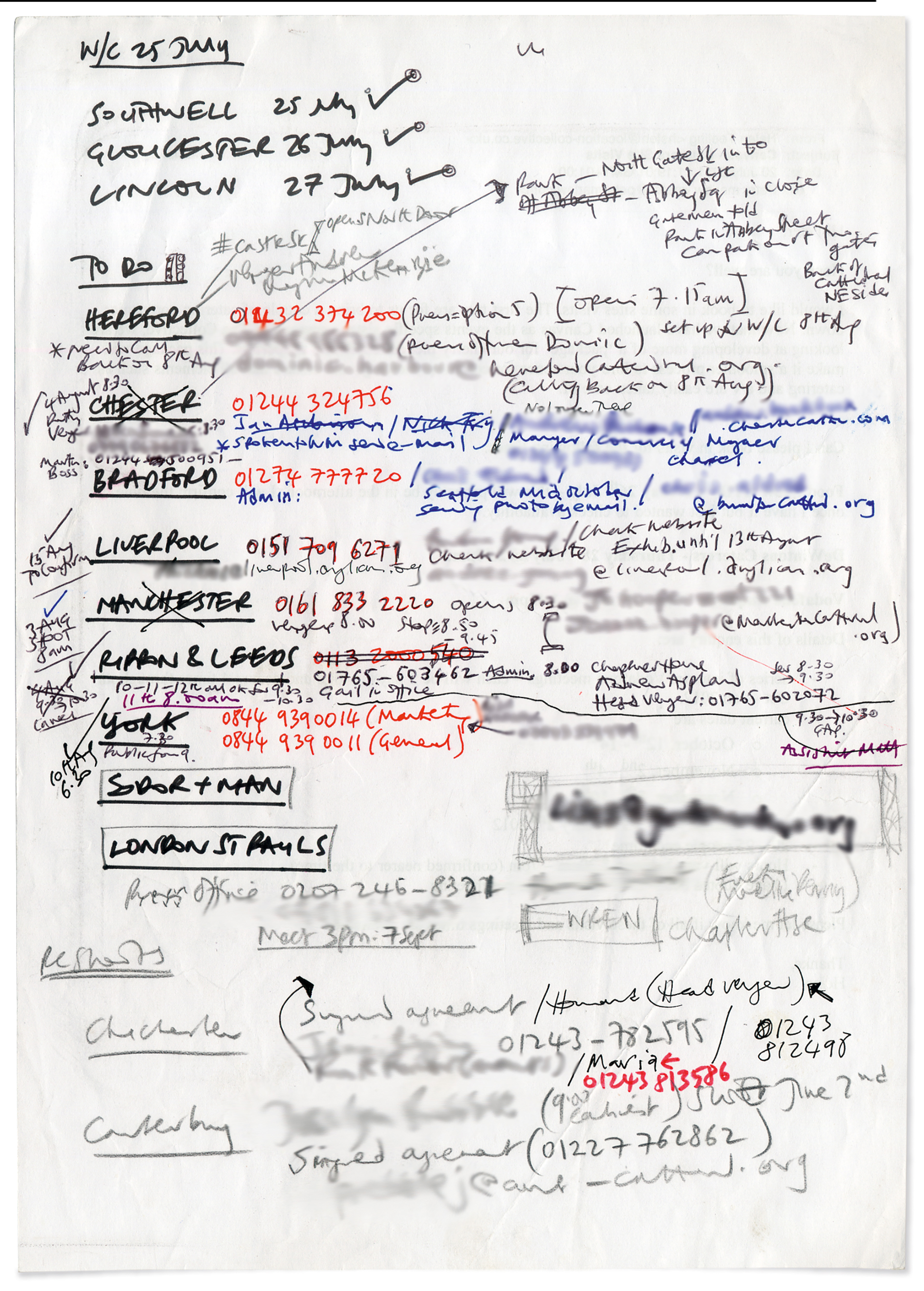 A handwritten page of Peter Marlow's planning notes listing cathedral names, phone numbers and admin contacts in black, blue and red ink, annotated with ticks and crossings-out