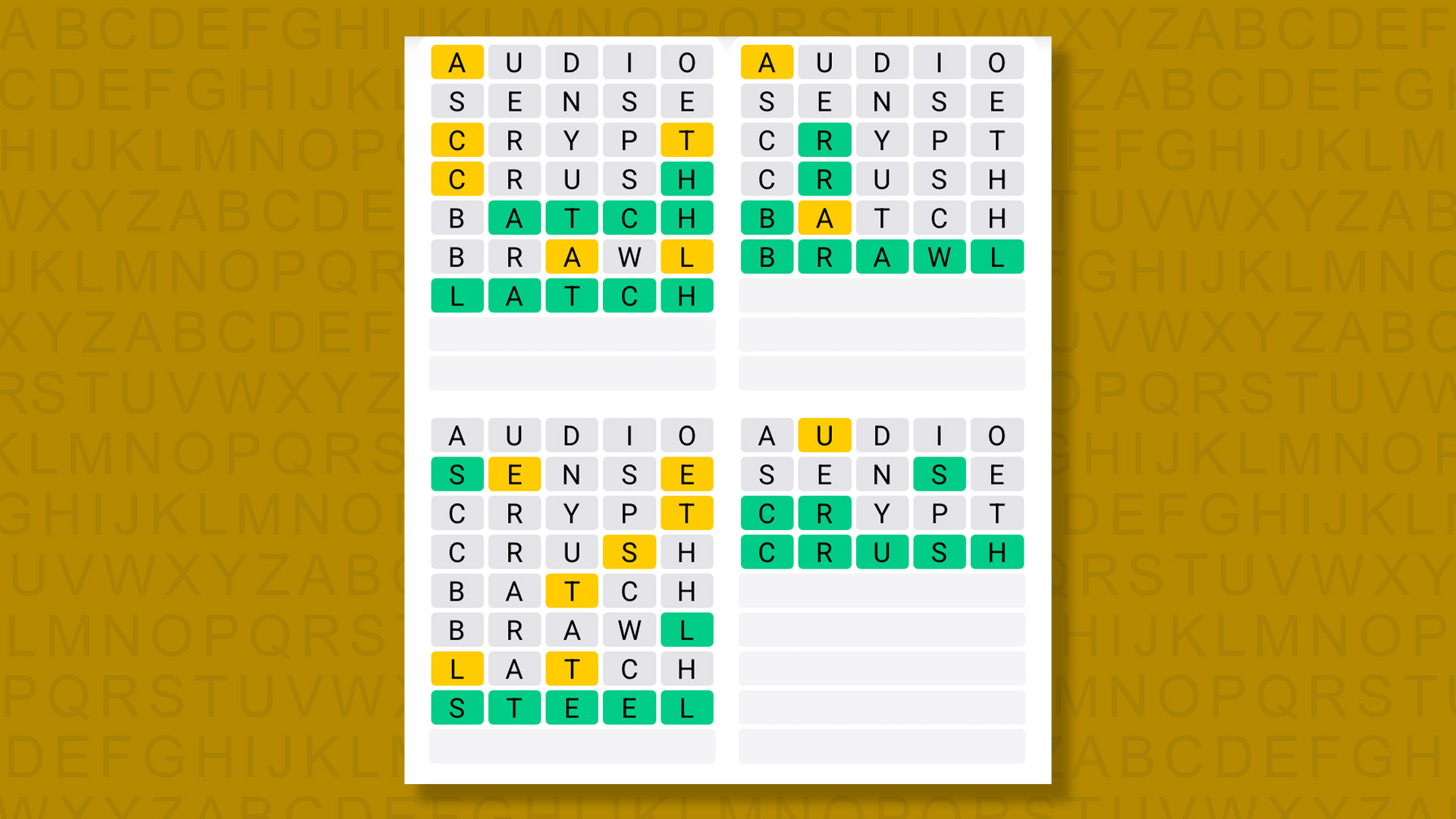 Quordle answers for game 1606 on a yellow background