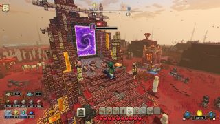 Minecraft Legends - A player rides towrads a Nether portal with sword drawn while their cobblestone golems attack another structure
