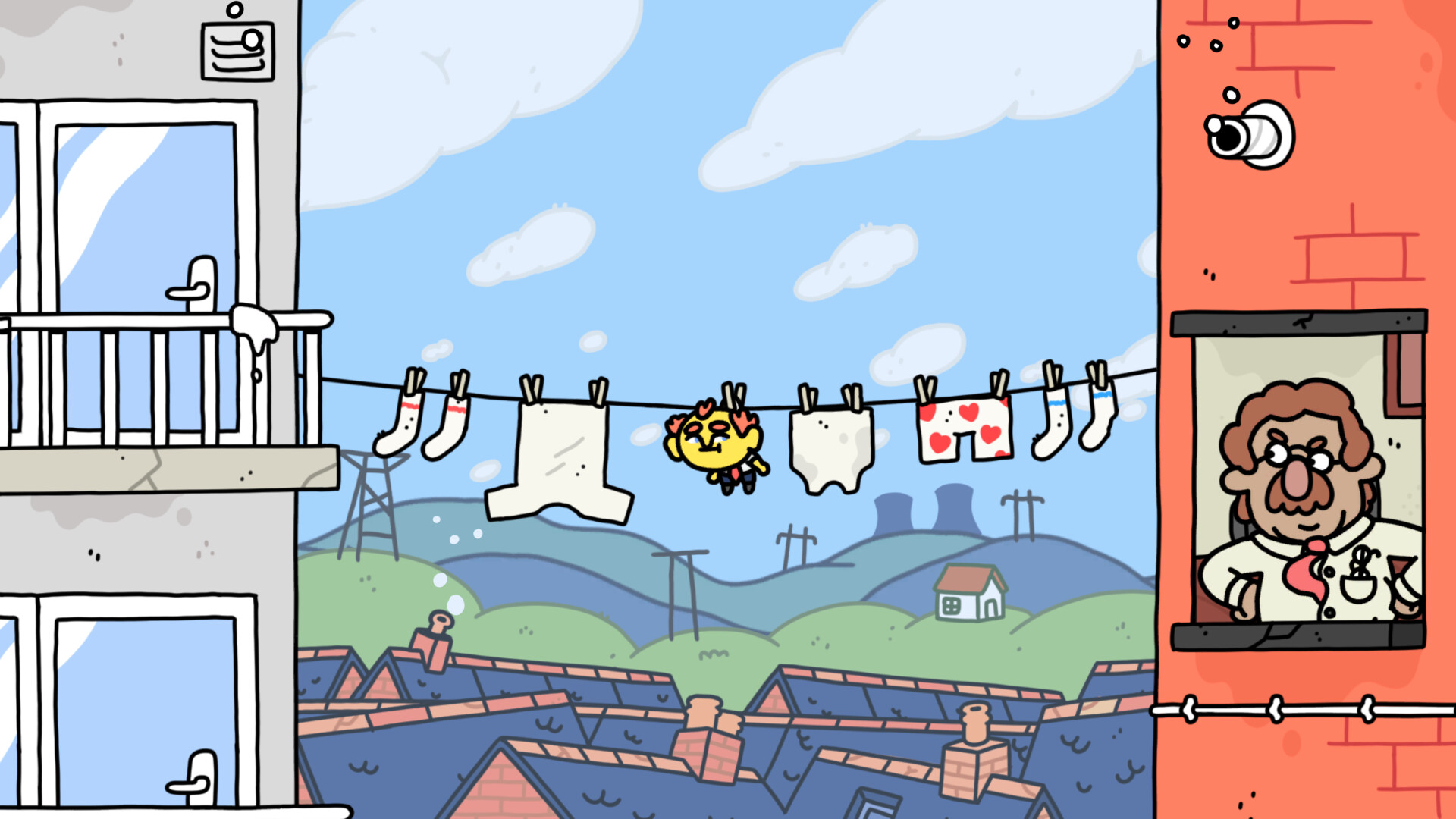 Best Steam Summer Sale games: a salesman stuck on a clothing line during Thank Goodness You're Here.