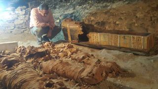 Here, the remains of three mummies and a wooden coffin that were found inside the tomb.